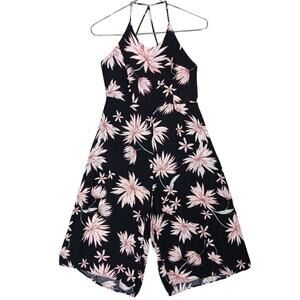 Some Days Lovin Jumpsuit Halter Black and Pink Floral Print Size XS Side Zipper